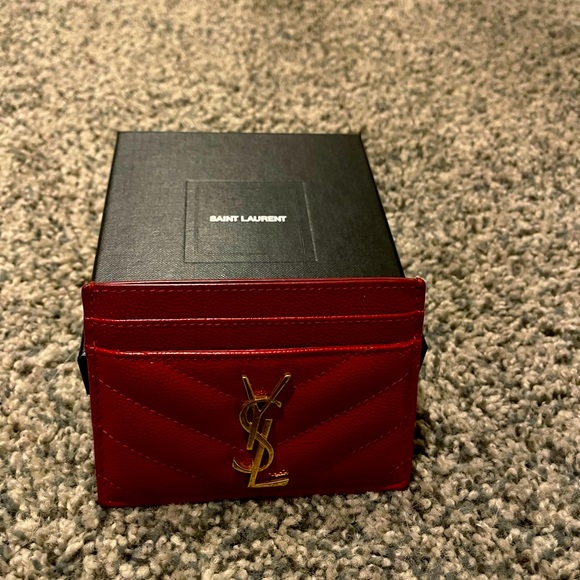 YSL Monogram Matelasse Leather Card Case in Red - Picture 6 of 9